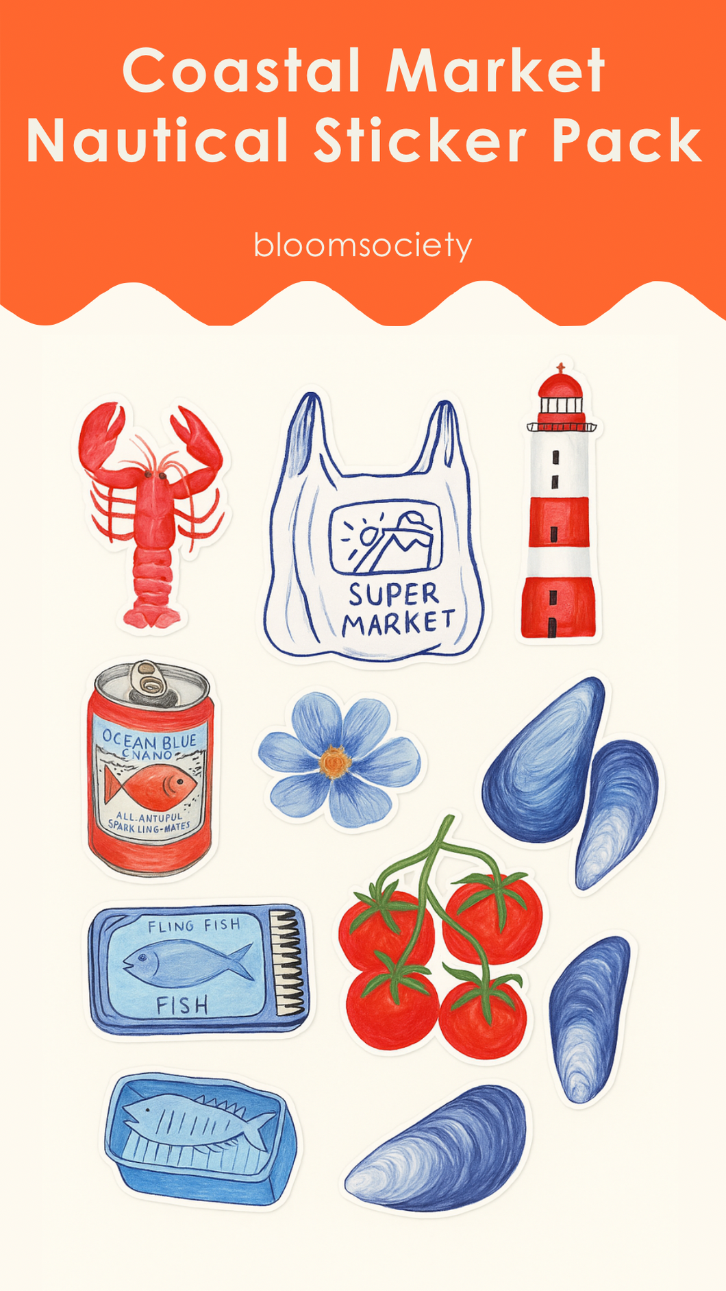 Coastal Market Nautical Sticker Pack – Retro Hand-Drawn PNG Stickers for Digital Planners, Scrapbooks & Journals | Ocean Cottagecore Aesthetic